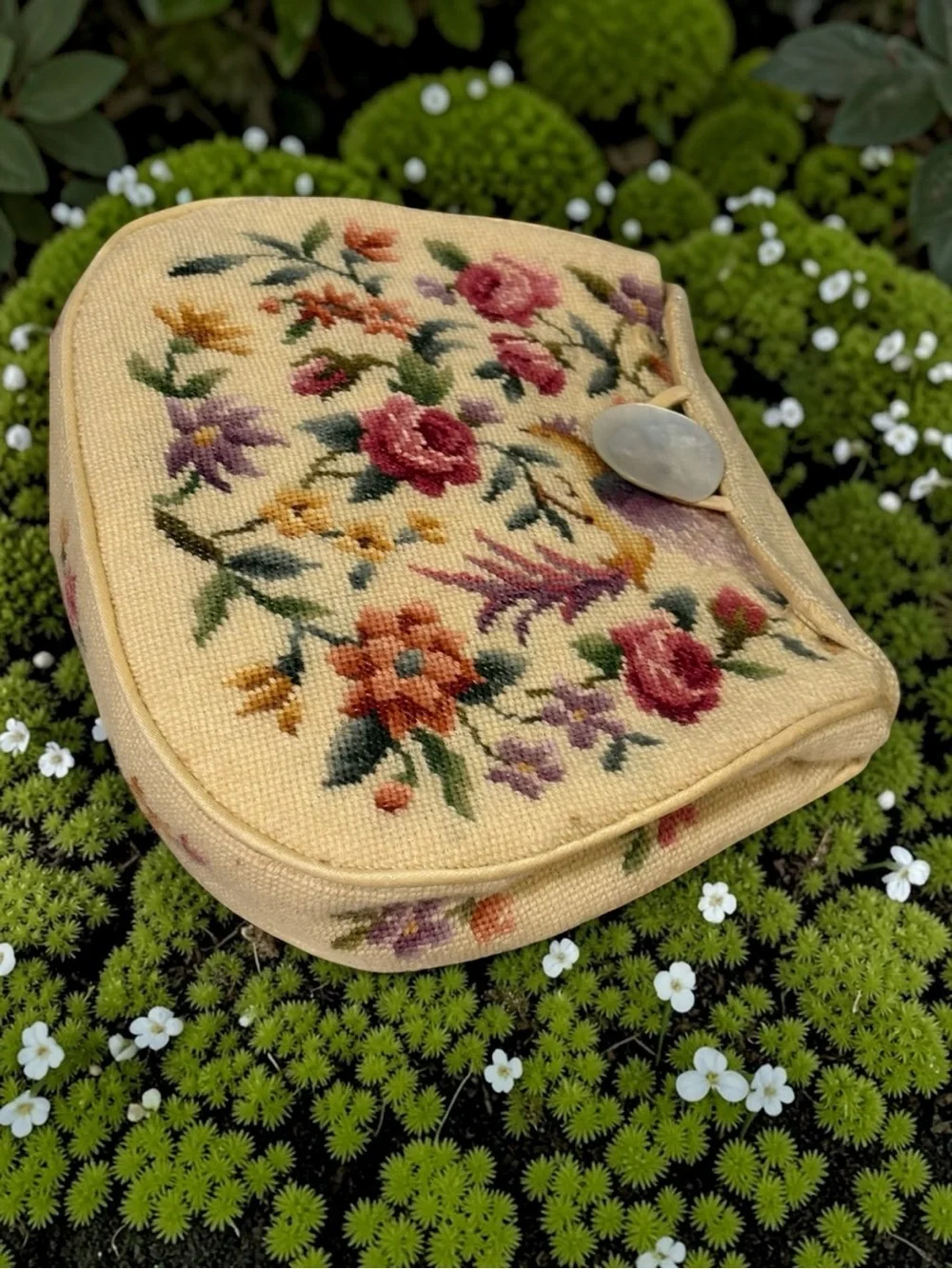 1920’s-30’s Needle Point Floral Clutch with Large Abalone Pearl Saucer Closure